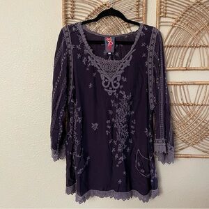 Johnny Was Embroidered Dark Purple Tunic Top Lace Trim Boho Festival Sz L B41